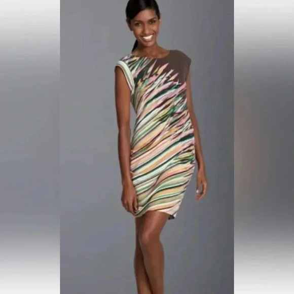 BCBGMAXAZRIA | Women's Size S Small  Dress Stripe Print Ruched Side Brown Multi - Picture 1 of 10